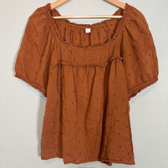 Old Navy Ruffled Square-Neck Embroidered Blouse-Warm Coffee-Women Size Large - Picture 3 of 7